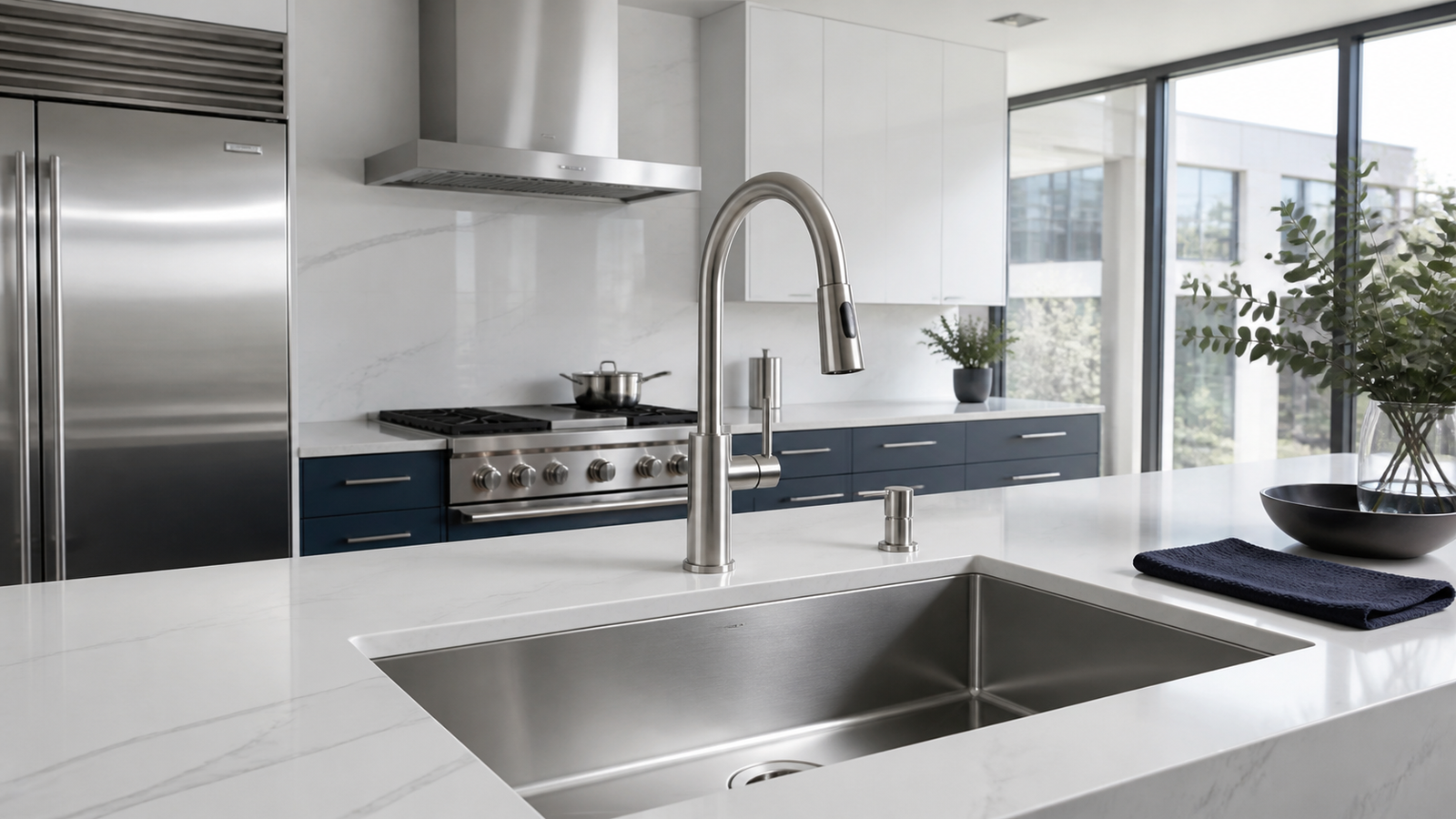 Modern kitchen with stainless steel sink and faucet
