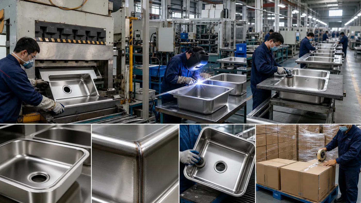 Custom stainless steel sinks moving through production and packaging