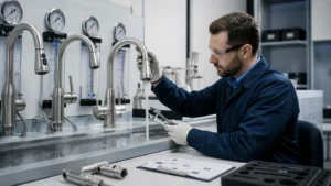 Technician inspecting kitchen faucets at a quality-control bench