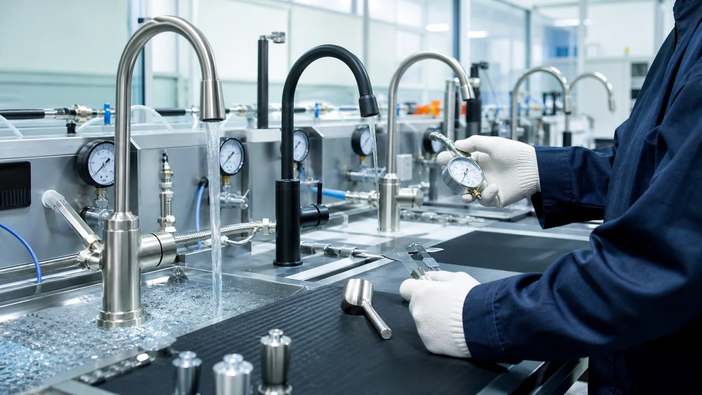 Kitchen faucets undergoing pressure flow and leakage tests