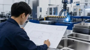 Engineer reviewing a custom kitchen sink drawing in a factory