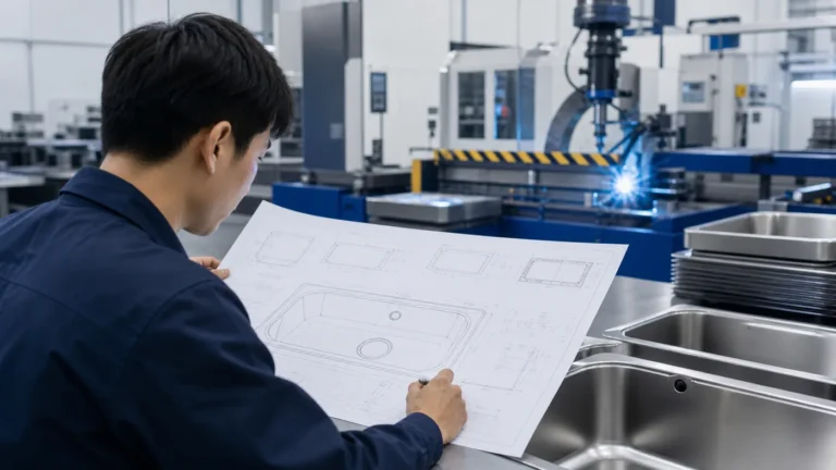 Engineer reviewing a custom kitchen sink drawing in a factory