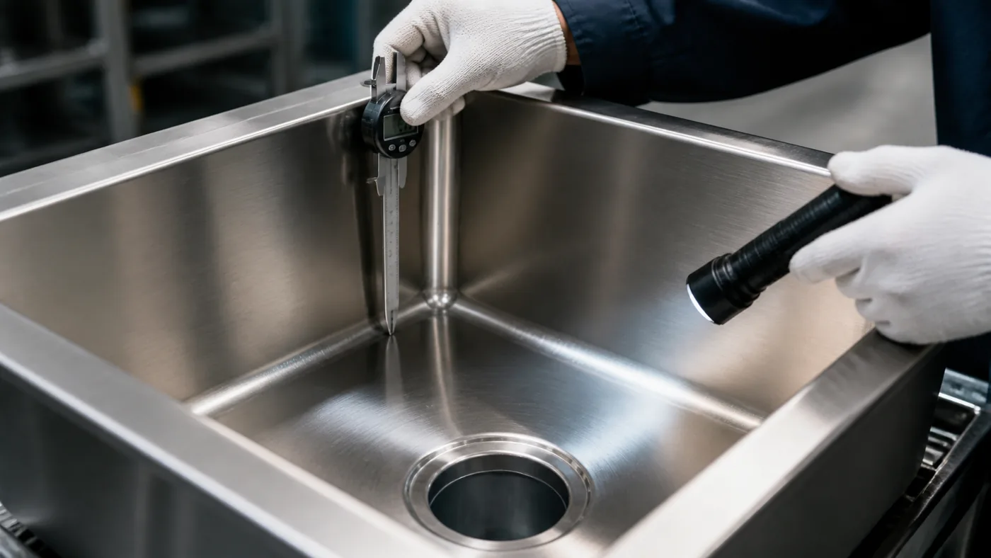 Inspector measuring a stainless steel sink with a caliper