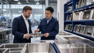 Buyer and quality engineer inspecting stainless steel kitchen sinks