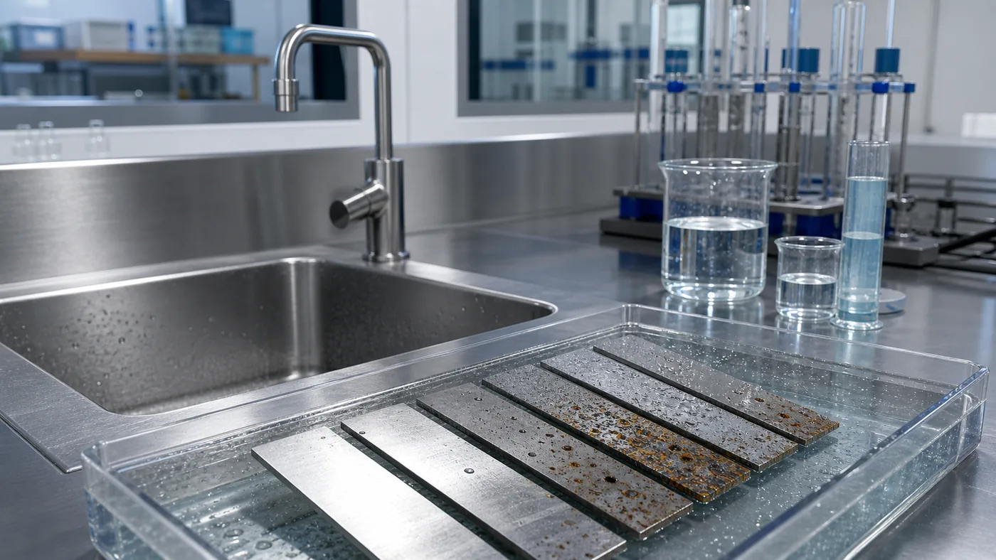 Stainless steel samples undergoing material and corrosion testing