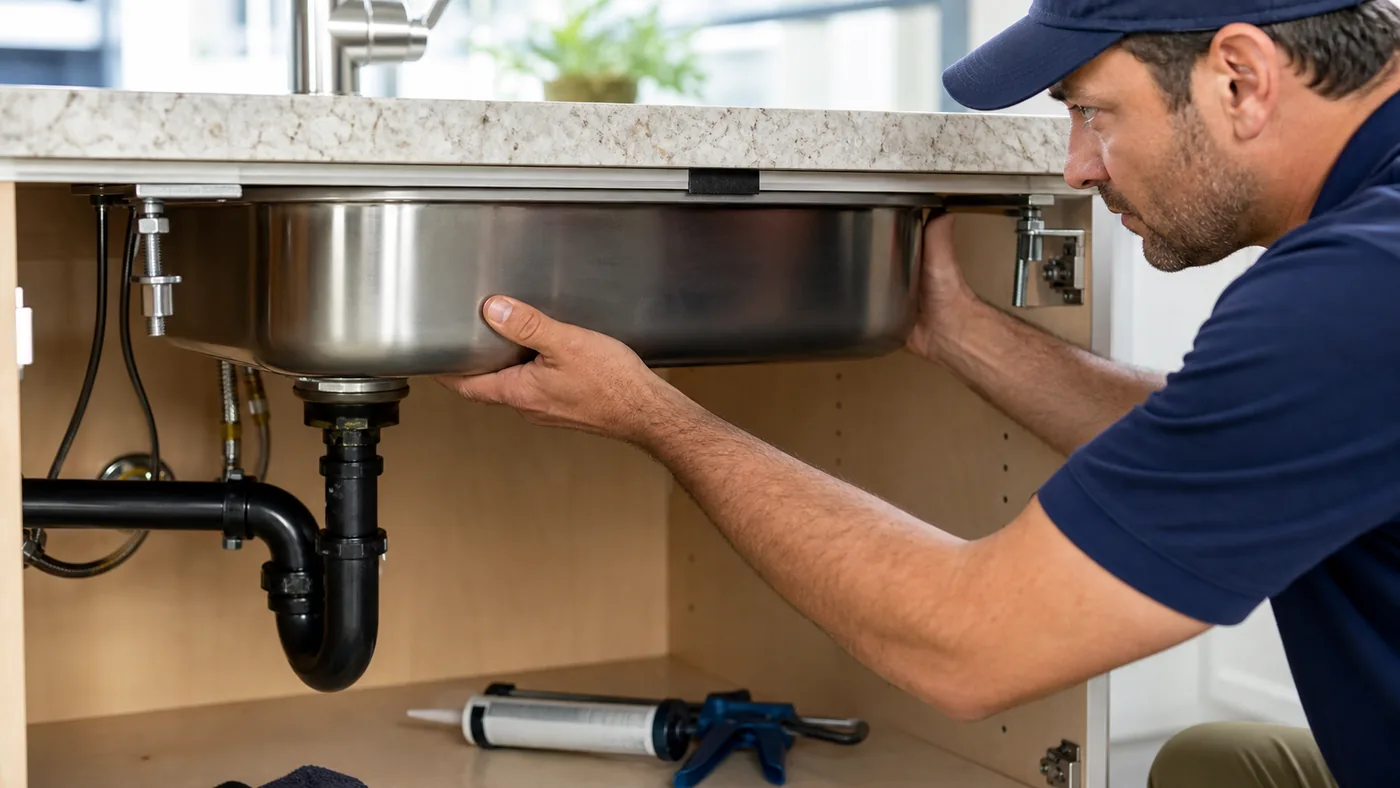 Installer fitting a stainless steel undermount sink below a countertop