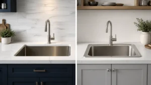 Undermount and top-mount stainless steel sinks in a showroom