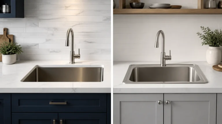 Undermount and top-mount stainless steel sinks in a showroom