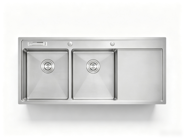 H-12050TD 1200x500mm Handmade Topmount Stainless Steel Double Bowl With Drainboard Kitchen Sink