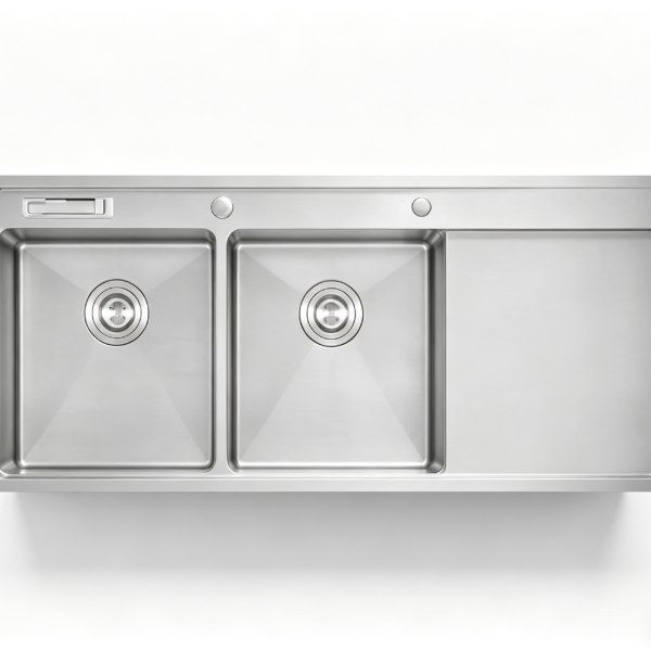 IMG_20260917_175206 H-12050TD 1200x500mm Handmade Topmount Stainless Steel Double Bowl With Drainboard Kitchen Sink