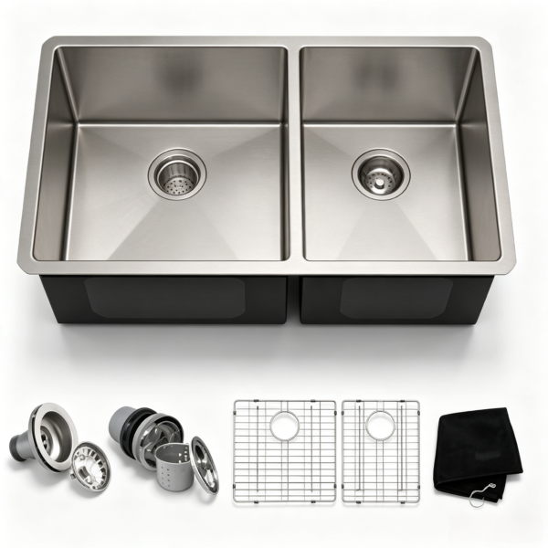 33-inch Undermount Double Bowl Stainless Steel Kitchen Sink with Grids and Strainers 33-inch Undermount Double Bowl Stainless Steel Kitchen Sink with Grids and Strainers